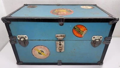 Vintage 1950’s Doll Wardrobe Steamer Trunk Travel Chest Blue Metal International - Image 1 of 4