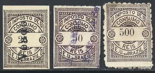 Brazil 1899 Revenue CONSUMO Small Group Brown issue for Local Products 3 diff.