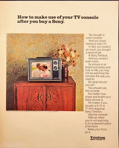 1972 Sony Trinitron Color TV Vintage Print Ad TV on Cabinet Flowery Wallpaper - Picture 1 of 1