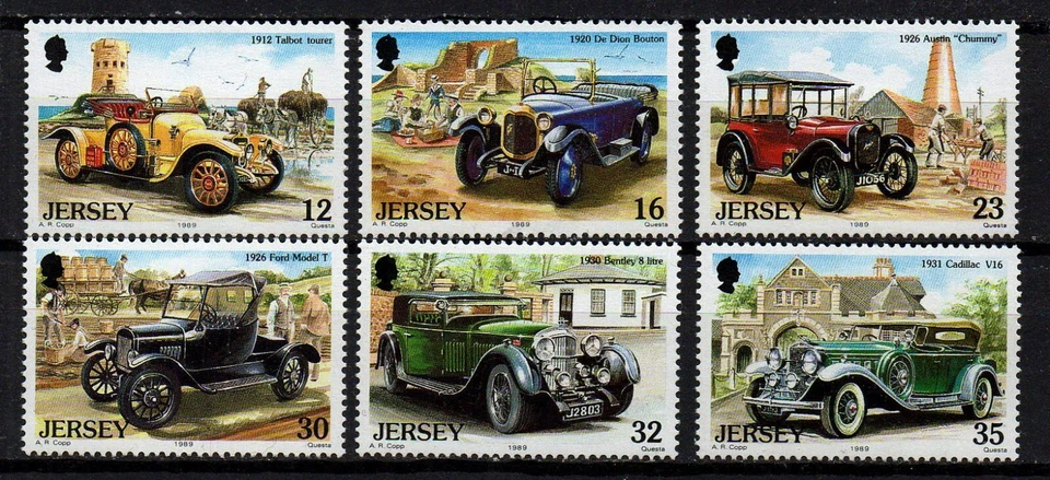 GB JERSEY, SCOTT # 471-476, MNH SET OF 6 CLASSIC OLD CARS, AUTOMOBILES YEAR 1989 - Image 1 of 1
