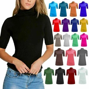 Ladies Turtle Polo Neck Plus Size Top Womens Short Sleeve High Neck T-Shirt 8-26 - Picture 1 of 21