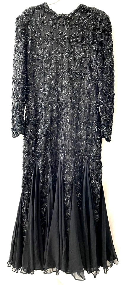 Vestido De Colección Años 70 Diseñador Travilla Negro Lentejuelas Profundo Espalda V Talla M Foto 1 de 4