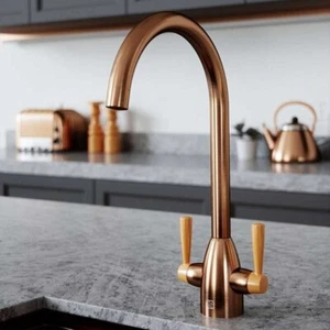 Vibrance Twin Lever Copper & English Mustard Kitchen Sink Mixer Tap - Picture 1 of 6