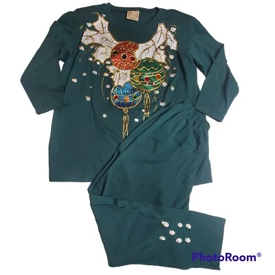 Vtg Good Morning USA Tee Pant Set Painted Christmas Green LS Green ONE SIZE - Image 1 of 4