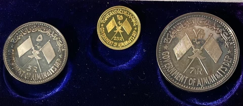 1970 25 Riyals Gold & 5 Riyals 7 Riyals Silver Coin Government of Ajman Box &COA Cover