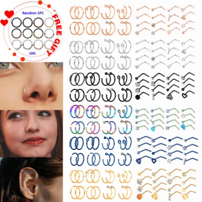 16-32Pcs Nose Stud Ring Surgical Steel L Bend Opal CZ Gems Septum Rings Hoop 20G - Image 1 of 4