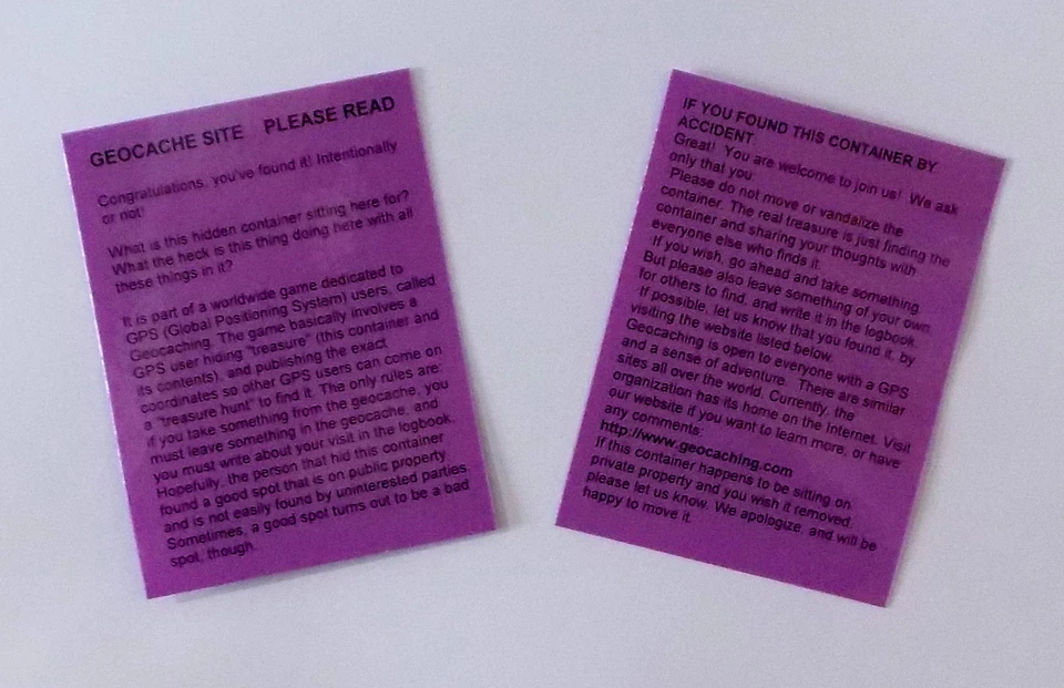 6 x Purple laminated geocache instructions for muggles.  Geocaching.  Cache  GPS - Imagen 1 de 1