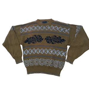 GENERRA Vintage 90s Sweater Men M Brown Preppy Western Paisley Floral Retro Knit - Picture 1 of 23