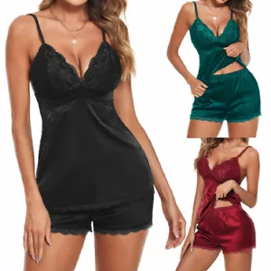 Satin Pajamas Set Womens Lace Sleepwear Sexy Lingerie Cami Shorts Set M-XXL - Picture 1 of 42