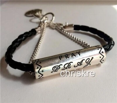 PRAY Message Bracelet Prayer Leather Black Faith Inspirational 8" Silver Plated - Image 1 of 4