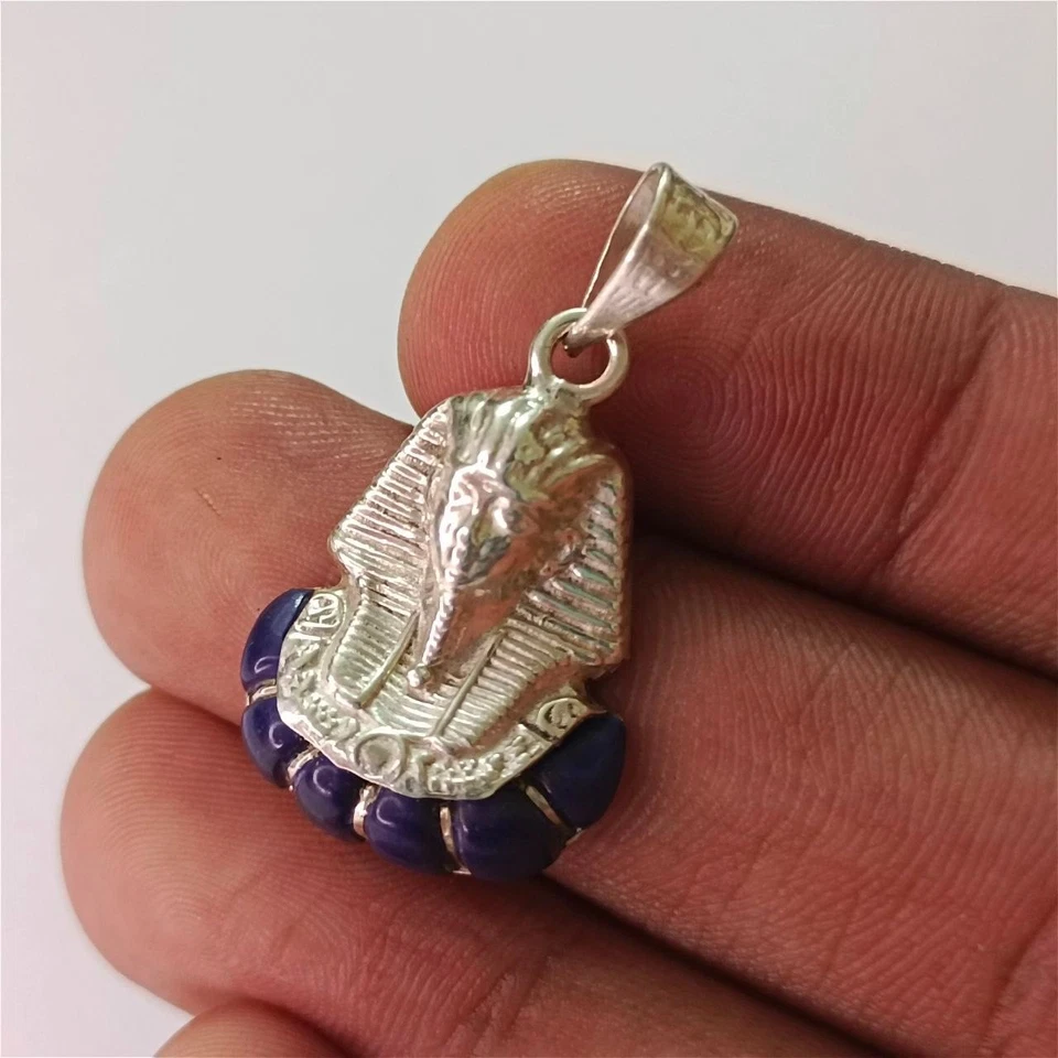 Sterling Silver 925 Pharaoh Pendant – Handmade Egyptian Jewelry with Blue Stone - Image 1 of 4