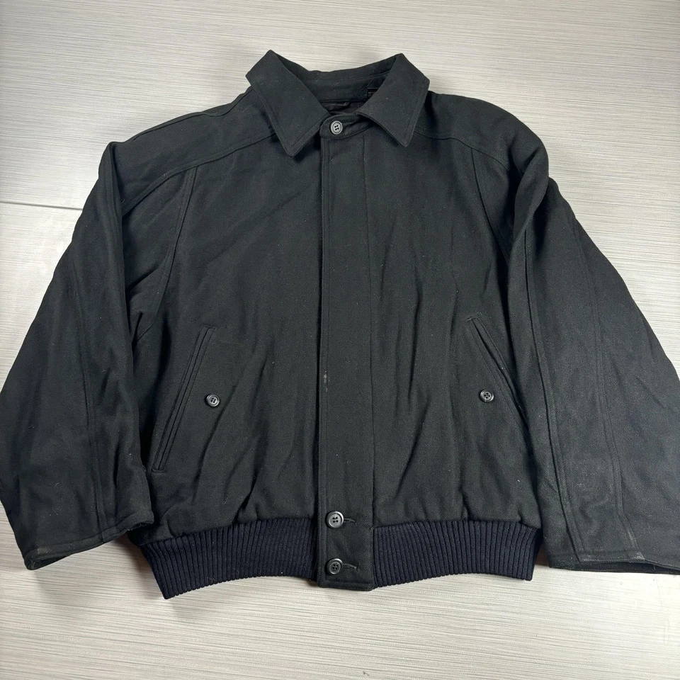 Jhane Barnes Jacket Mens Small Black Wool Blend Bomber Ribbed Hem Button Front - Image 1 of 4