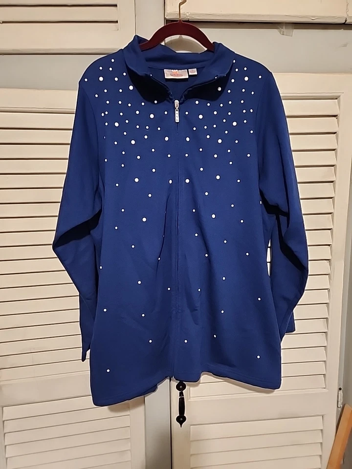 Quacker Factory  Womens ROYAL BLUE FAUX PEARL Zip Front Pockets VGUC SIZE 1X - Image 1 of 4