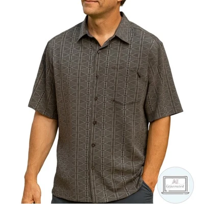 ExOfficio Mens Shirt Short Sleeve Button Up Gray Geometric Cotton Blend Size L - Image 1 of 4