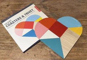 KIKKERLAND Heart Shaped COASTERS & TRIVET Wood w/Cork Bottom 8-Pieces NEW - Picture 1 of 12