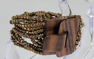 Brass Seed Bead Wooden Clasp 14-Strand Stretch Bracelet 7." Expandable - Picture 1 of 10