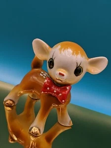 Vintage Japanese Kawaii Deer Ceramic Kitsch Big Eye Figurine Polka Dot Bow - Picture 1 of 11