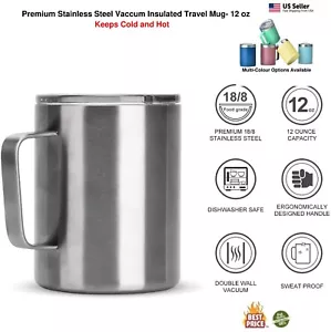 12 oz Double Wall Stainless Steet Vacuum Insulated Coffee Travel Mug with Lid - Picture 1 of 18