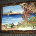 Oil Painting Seaside Lake Retro Scene 1970’s Signed Framed 21x16 Cm Kitsch