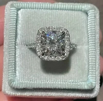 3Ct Cushion Lab-Created Diamond Engagement Halo Gift Ring 14K White Gold Plated - Image 1 of 4
