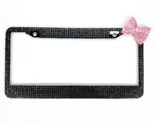 Pink Bow Tie Bling Diamond Crystal Black License Plate Frame For Front/Rear - Picture 1 of 2