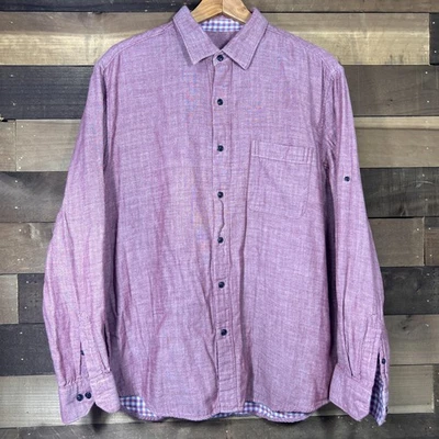 Camisa masculina Tasso Elba XL algodão borgonha botão manga longa forrada Gingham - Imagem 1 de 4