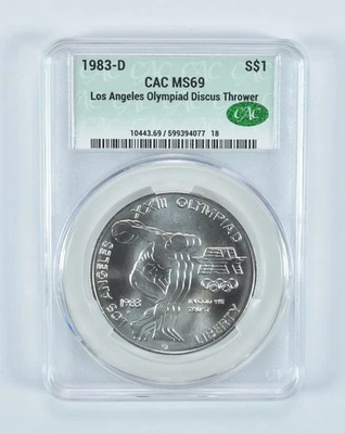 Dólar de plata conmemorativo Olympic Discus 1983-D MS69 CAC CACg *6873 Foto 1 de 4