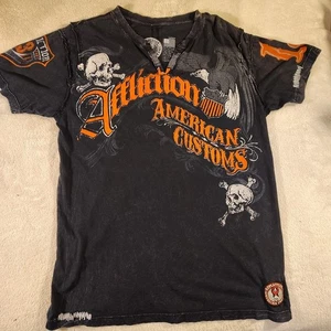 Affliction American Customs Men's L T-Shirt Blk #13 Skull Distressed Henley Co - Picture 1 of 15