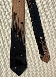 Vtg 1950s black/gold geometric ombré silk faille skinny midcentury tie - Picture 1 of 5