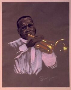 Portrait signé Bill Seay de Louis Armstrong avec trompette 13x16