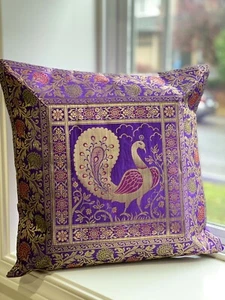 Purple Pillow Cover Silk Cushion Cover Dancing Peacock Bohemian Home Decor Gift - Picture 1 of 6