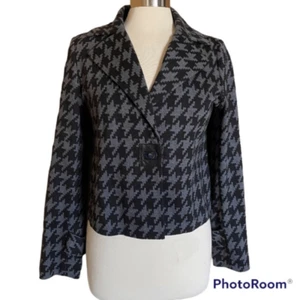 Doncaster Wool Blend Leather Trim Short Blazer Jacket 6 Houndstooth Crop EUC - Picture 1 of 9