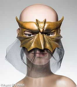 Mardi Gras Mask Venetian Style Gold Latex Bat Eye Mask With Veil - Picture 1 of 2