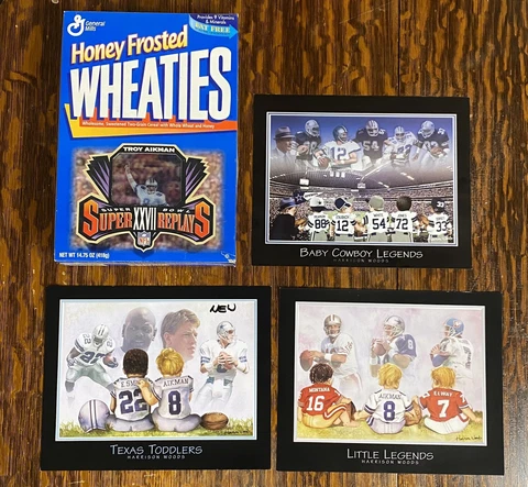 NFL TROY AIKMAN COWBOYS WHEATIES BOX & BABY LEGENDS ART PRINT LOT ! Cover