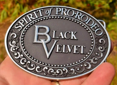 Vintage Black Velvet Belt Buckle 1979 Spirit Of Pro Rodeo Whiskey Liquor  NIP - Image 1 of 4