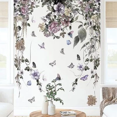 Pegatinas de pared púrpura peonía peonía vid mariposa, arte de plantas con flores  Foto 1 de 4