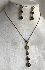 Lia Sophia Milano Satin Matte GoldTone Cats Eye Brown Stone Necklace Earrings - Picture 1 of 12