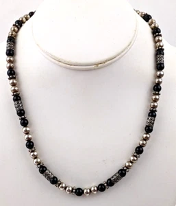 Lovely High Quality Sterling Silver Black Onyx Beaded Necklace18" Stunning - Picture 1 of 7