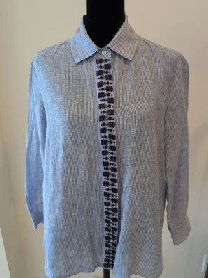 Max Mara выходные льняной в тонкую полоску блузка со стеклом и бисером украшения Sz4 - Изображение 1 из 4