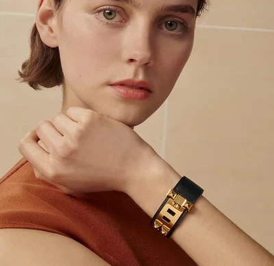 HERMES Collier de Chien 24 Wickelarmband, schwarzes Leder & goldene Beschläge T2 - Bild 1 von 4