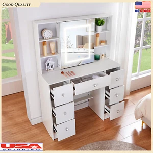 White LED Makeup Vanity Table with Sliding Mirror Charging Station Dressing Desk - Picture 1 of 12