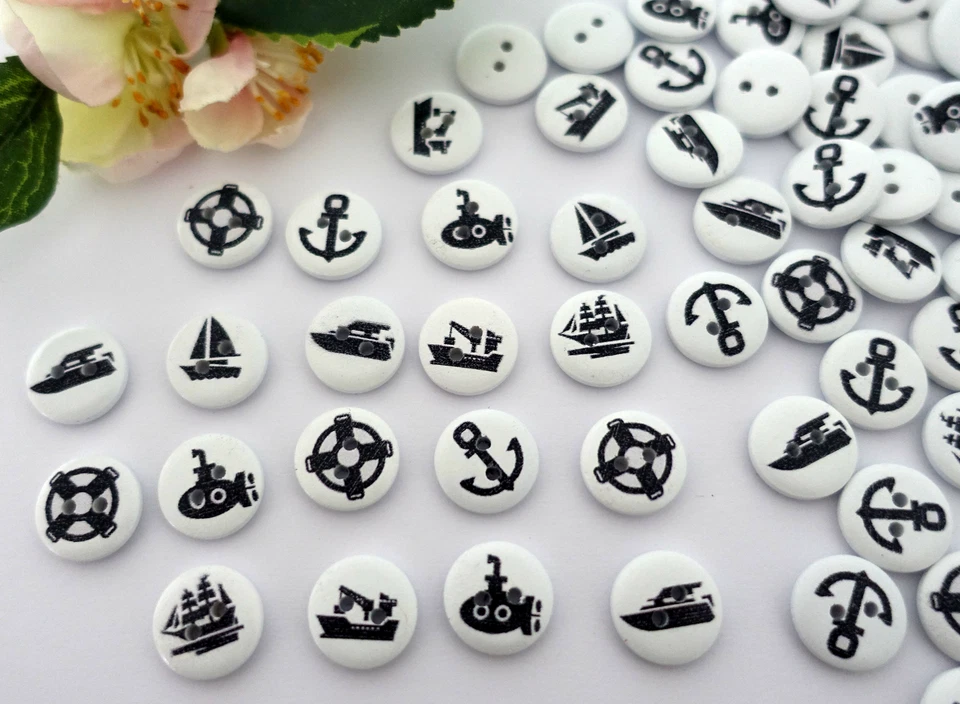 10x Knopf 15mm Rund Maritim Anker Boot Knöpfe Kinder Jungen schwarz weiß Meer - Bild 1 von 3