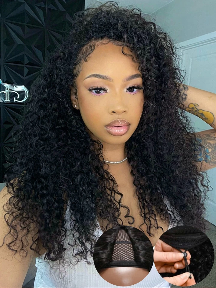 UNice Brazilian Curly V Part Human Hair Wig with Drawstring Glueless Wear Go Wig - Image 1 of 4