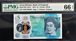 Great Britain 2015 Polymer 5 Pounds NEAR SOLID Serial 8888XX GEM UNC PMG 66 EPQ - Picture 1 of 2