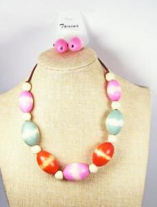 Pastel Colors Wood Beads Necklace & Earring Set Fashion Costume Jewelry jx51 New