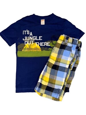 Conjunto Gymboree Outlet Azul Selva Amarillo Pantalones Cortos a Cuadros y Camiseta Azul Marino 6 Primavera Foto 1 de 4