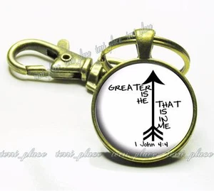 1 John 4:4 Biblical Religious Quote Scripture Hand-Crafted Glass Top Key Chain - Picture 1 of 1