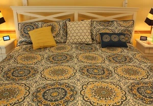 NICOLE MILLER King Size Quilt Set Yellow Blue Medallion Tiles Quilt Shams Pillow - Picture 1 of 10