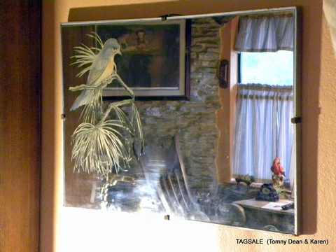 Glass Wall Mirror with an Impressed Bluebird on a  Pine Branch ~ 20" X 30" Cover
