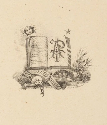 Exlibris mit Buch und Monogramm "APT", HSt. Romantik Unbekannt (19.Jhd) - Bild 1 von 4